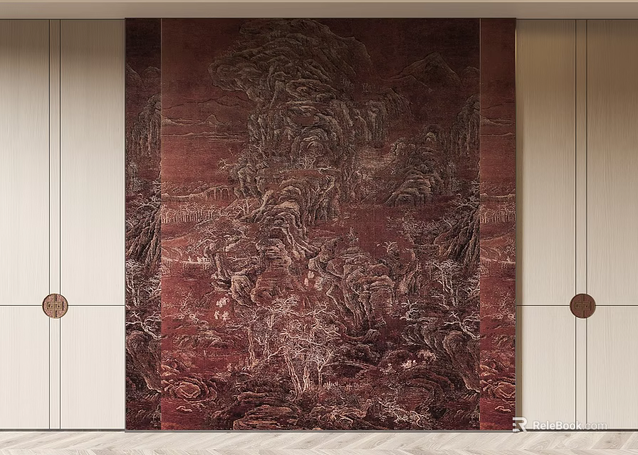 Elegant Red Landscape Pattern Wall Mural With White Side Doors And Circular Decor 3d model 