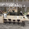 Modern Restaurant Interior With Wooden Accents Pendant Chandeliers Open Space And Outdoor Green Umbrellas