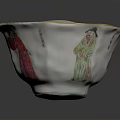 White Pink Ceramic Bowl Sculpture Featuring Painted Figure And Golden Rim