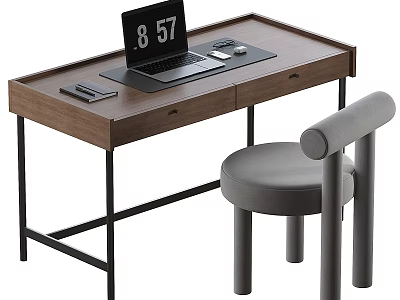 Wooden Office Desk With Laptop Phone Notebook Pen Black Metal Legs And Grey Padded Chair 3d model