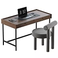 Wooden Office Desk With Laptop Phone Notebook Pen Black Metal Legs And Grey Padded Chair
