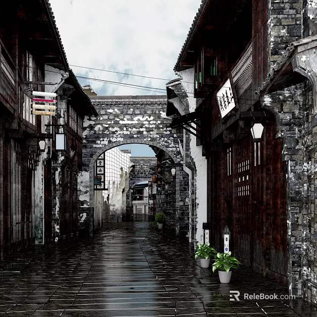 Ancient Architecture Street Scene With Stone Archway Wooden Buildings And Traditional Lanterns 3d model 