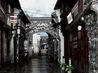 Ancient Architecture Street Scene With Stone Archway Wooden Buildings And Traditional Lanterns 3d model