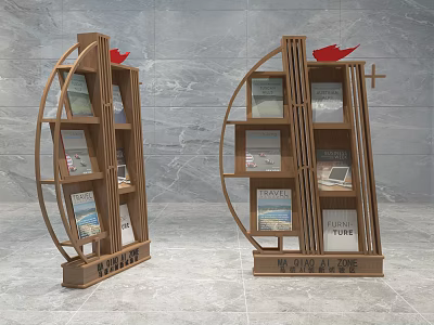Two Arched Wooden Bookshelves With Red Accents And Decorative Books 3d model