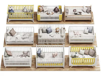 Multiple Yellow and White Baby Cribs with Soft Pillows and Stuffed Toys on Wooden Floor 3d model