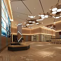 Modern Cinema Lobby Interior With Geometric Ceiling Lights And Rest Seating Areas