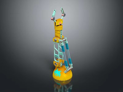 Mechanical Creature With Yellow Body And Blue Mechanical Arms On Round Base 3d model