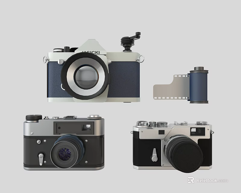 Vintage Digital Cameras Collection Featuring Three Different Models And Film Roll 3d model 