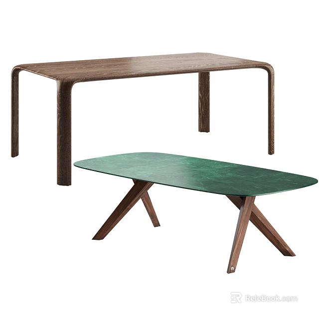 Wooden Long Dining Table With Curved Legs And Green Oval Table With Cross Legs 3d model 