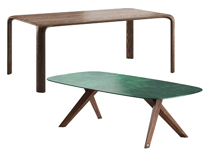 Wooden Long Dining Table With Curved Legs And Green Oval Table With Cross Legs 3d model