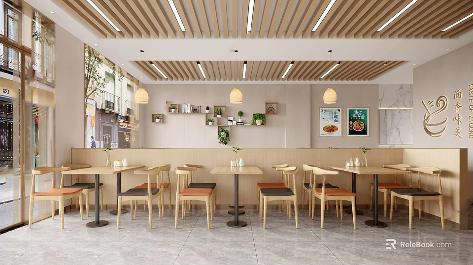 Modern Restaurant Interior With Wooden Ceiling Pendant Lights Green Plants And Wall Art 3d model 
