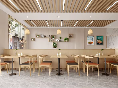 Modern Restaurant Interior With Wooden Ceiling Pendant Lights Green Plants And Wall Art 3d model