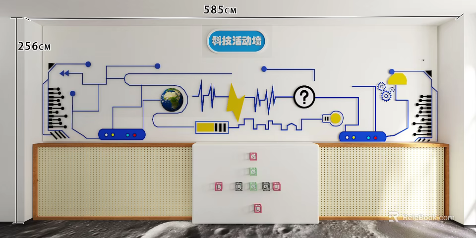 Kindergarten Science Activity Wall With Earth Symbol Lightning Icon Question Mark And Gear Elements 3d model 