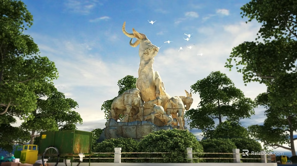 Large Sheep Shaped Landscape Sculpture With Trees Green Vegetation And Flying Birds Under Blue Sky 3d model 