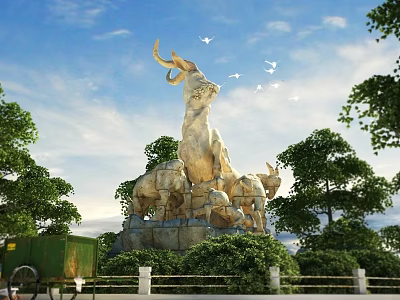 Large Sheep Shaped Landscape Sculpture With Trees Green Vegetation And Flying Birds Under Blue Sky 3d model