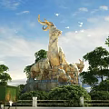 Large Sheep Shaped Landscape Sculpture With Trees Green Vegetation And Flying Birds Under Blue Sky