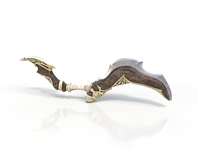 Decorative Curved Weapon With Wooden Handle Golden Accents And Metal Blade 3d model