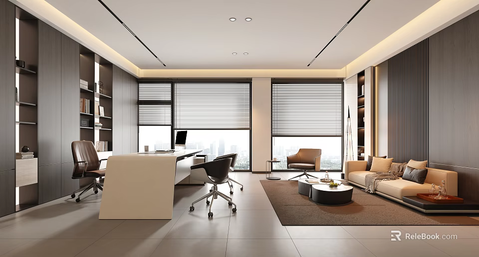 Modern Office Interior With Desk Chairs Sofa Bookshelves And Large Windows With Blinds 3d model 
