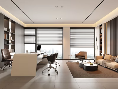 Modern Office Interior With Desk Chairs Sofa Bookshelves And Large Windows With Blinds 3d model