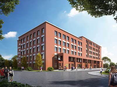 Modern Red Brick School Building Exterior With Trees Pedestrians And Pathway 3d model