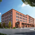 Modern Red Brick School Building Exterior With Trees Pedestrians And Pathway