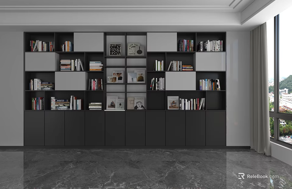 Modern Dark Gray Shelf Unit with Open Compartments Books Decorations and Frames 3d model 