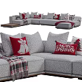 Gray Sectional Sofa With Red Christmas Themed Pillows Bell Patterns And Plaid Blanket 3d model