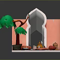 Cartoon Scene With Pink Walls Arched Doorway Potted Green Tree And Blue Tiled Floor