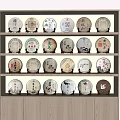 Traditional Tea Ware Display Shelf With Multiple Layers Holding Round Tea Cakes And Various Designs 3d model