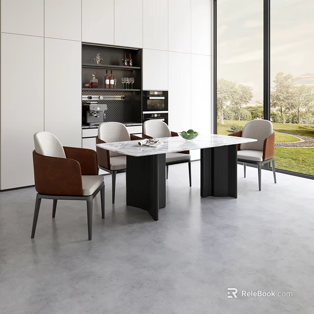 Elegant Light Luxury Kitchen Table And Chair Set With Marble Tabletop And Leather Chairs 3d model 