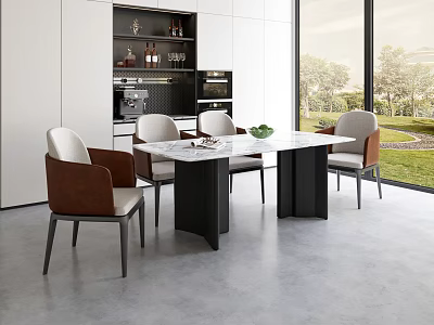 Elegant Light Luxury Kitchen Table And Chair Set With Marble Tabletop And Leather Chairs 3d model