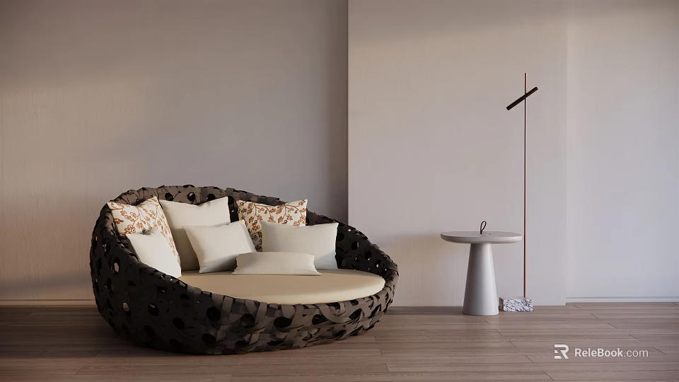 Dark Round Outdoor Chair with Hollow Design Light Cushions and Small Table in Minimalist Space 3d model 