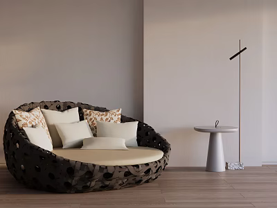 Dark Round Outdoor Chair with Hollow Design Light Cushions and Small Table in Minimalist Space 3d model