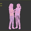 Two Happy Girls Talking And Interacting In Colorful Shirts And Pants On Gray Background