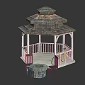 Outdoor Wooden Gazebo With White Columns Stone Fire Pit And Chairs In Yard Setting