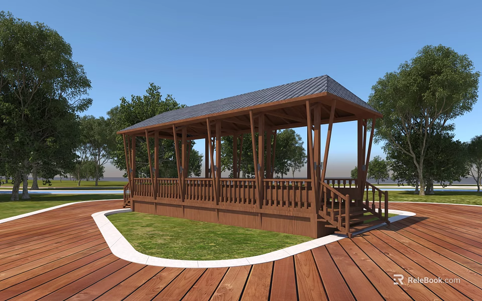 Outdoor Wooden Pergola with Covered Roof and Lawn and Trees on Wooden Deck 3d model 