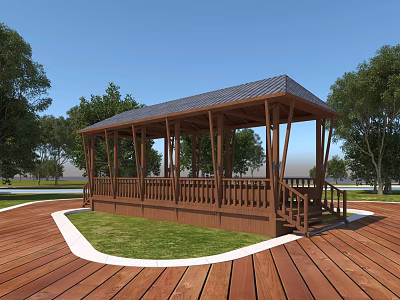 Outdoor Wooden Pergola with Covered Roof and Lawn and Trees on Wooden Deck 3d model