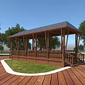 Outdoor Wooden Pergola with Covered Roof and Lawn and Trees on Wooden Deck