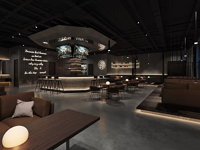Modern Dark Toned Bar Interior With Stylish Counter Seating And Ambient Lighting 3d model