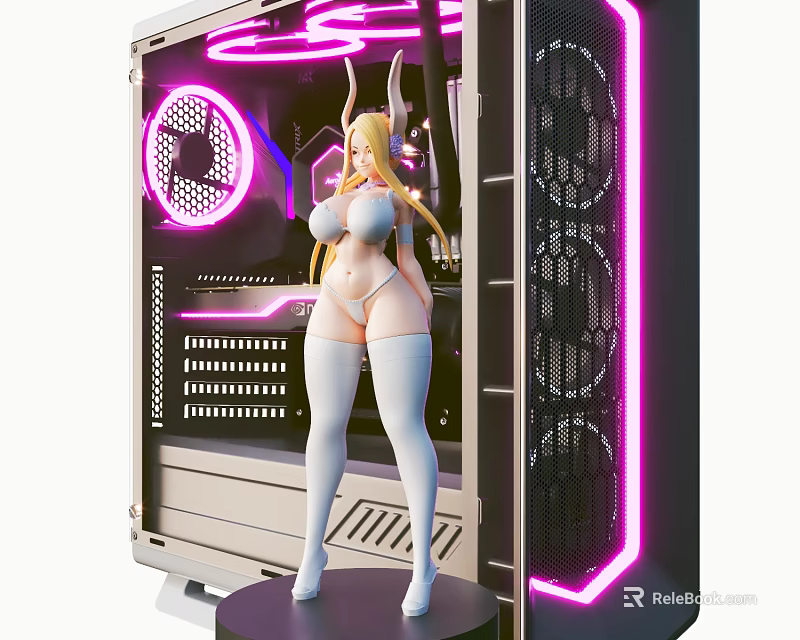 Stylish PC Case with Purple Neon Lights Cooling Fans and Anime Female Figure 3d model 