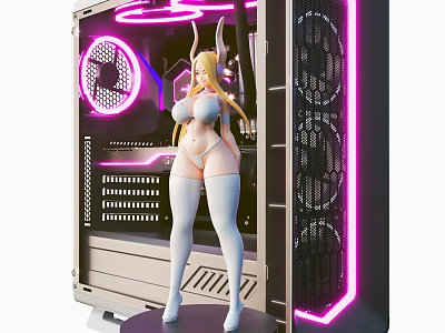 Stylish PC Case with Purple Neon Lights Cooling Fans and Anime Female Figure 3d model