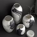 Modern Ceramic Vases with Black and White Brushstroke Patterns Various Sizes and Dried Branch Decor