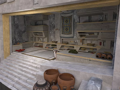 Ancient Stone Kitchen Interior With Stone Steps Clay Pots Shelves And Decorative Rug 3d model