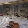 Ancient Stone Kitchen Interior With Stone Steps Clay Pots Shelves And Decorative Rug