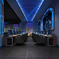 Futuristic Cybercafe Interior With Blue LED Lighting And Modern Corridor Design