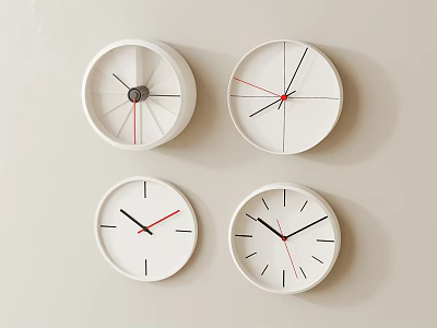 Four Modern White Wall Clocks With Black Red Hands On Light Colored Wall 3d model