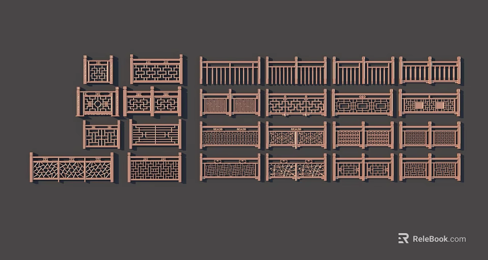 Various Wooden Railings Featuring Intricate Decorative Patterns and Different Styles 3d model