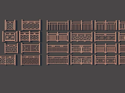 Various Wooden Railings Featuring Intricate Decorative Patterns and Different Styles 3d model