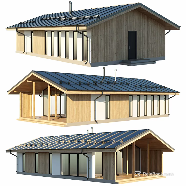 Wooden House Exterior Design With Metal Roof Porch And Large Windows 3d model 