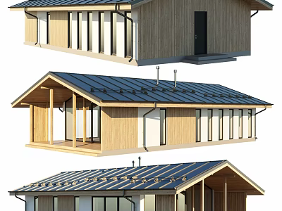 Wooden House Exterior Design With Metal Roof Porch And Large Windows 3d model
